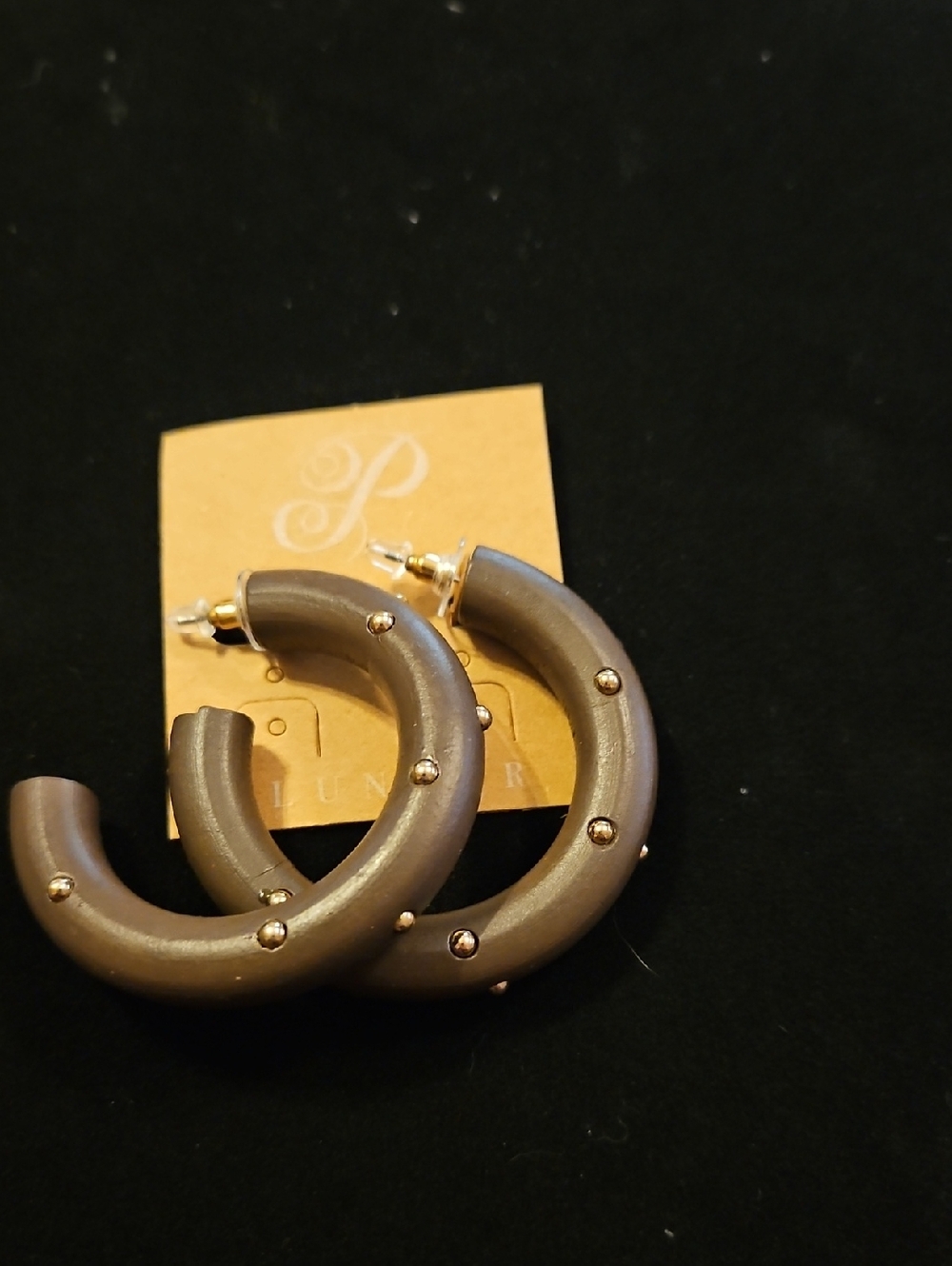Plunder Wood Taupe Hoops with Gold Stud Accents